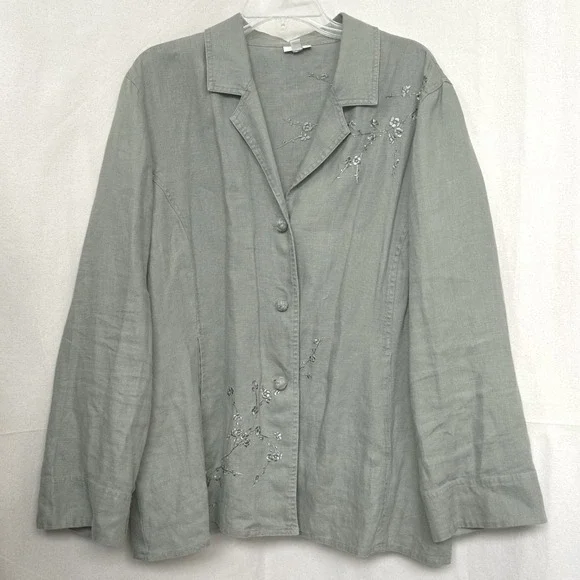 J. Jill Sage Green 100% Linen Embroidered Button Up Jacket Womens XL Lagenlook - Picture 1 of 12